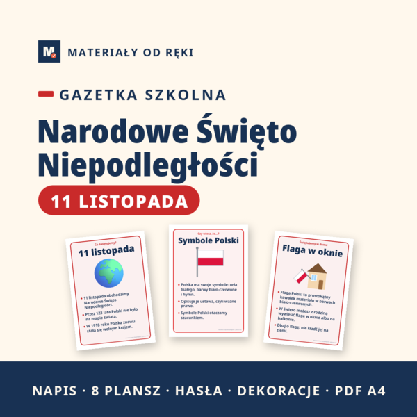 Gazetka na Narodowe Święto Niepodległości 11 listopada: napis, 8 plansz o symbolach Polski, hasła i dekoracje, klasy 1-3