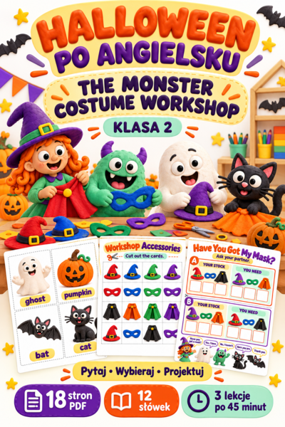 Halloween po angielsku – The Monster Costume Workshop | Klasa 2 | Gry, flashcards i speaking | 18 stron PDF