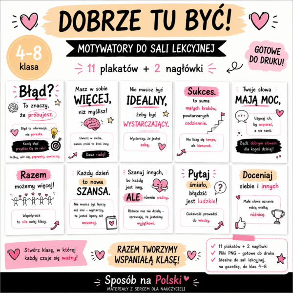 Dobrze tu być! – 11 motywacyjnych plansz do klasy + 2 nagłówki | całoroczna dekoracja