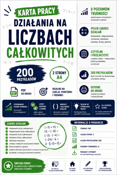 Karta pracy – działania na liczbach całkowitych | 200 przykładów | PDF do druku