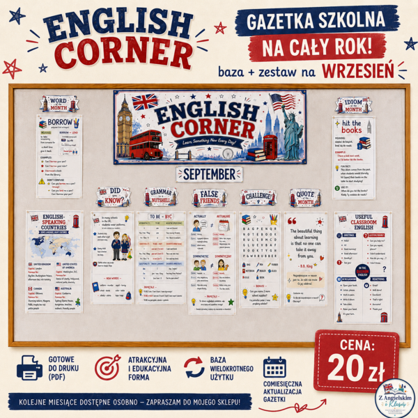 English Corner – gazetka szkolna na cały rok | Baza + zestaw WRZESIEŃ | Dekoracja pracowni języka angielskiego