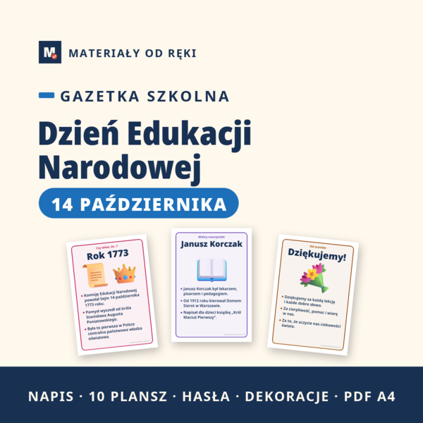 Gazetka na Dzień Edukacji Narodowej 14 października: napis, 10 plansz o KEN, podziękowania i dekoracje, klasy 1-6