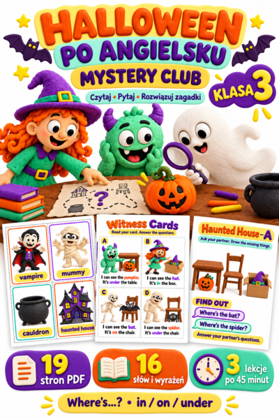 Halloween Mystery Club | Angielski, klasa 3 | Zagadki, flashcards i speaking | 19 stron PDF