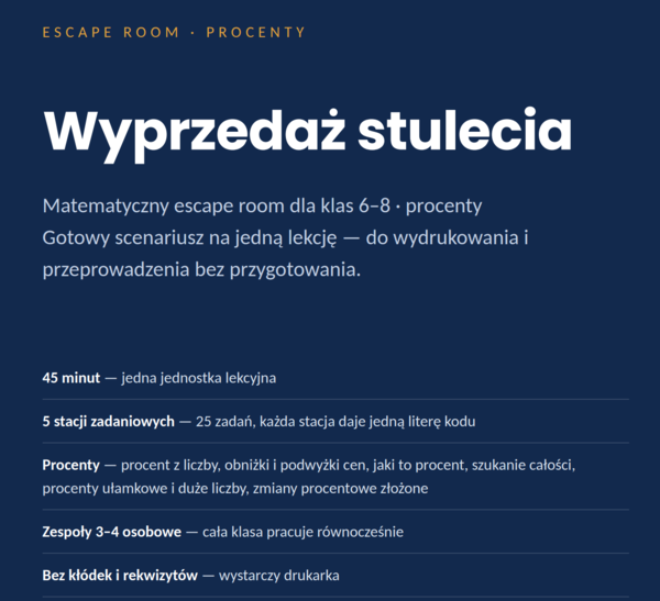 Escape room matematyczny: Wyprzedaż stulecia — procenty (klasy 6–8, PDF)