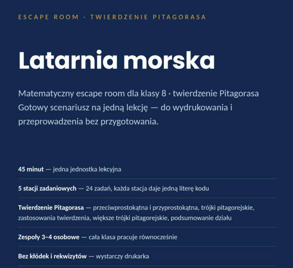 Escape room matematyczny: Latarnia morska — twierdzenie Pitagorasa (klasa 8, PDF)