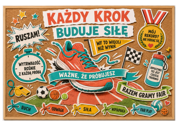KAŻDY KROK BUDUJE SIŁĘ – wielkoformatowa gazetka na WF i sport w kilku rozmiarach