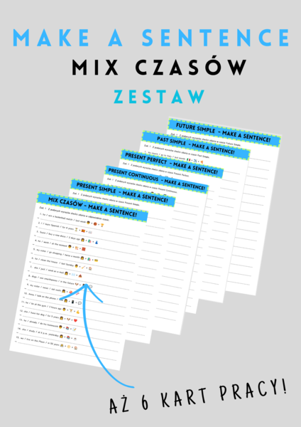 ZESTAW: Make a Sentence! - Mix Czasów - czasy - gramatyka -  powtórka - 6x karta pracy - .pdf
