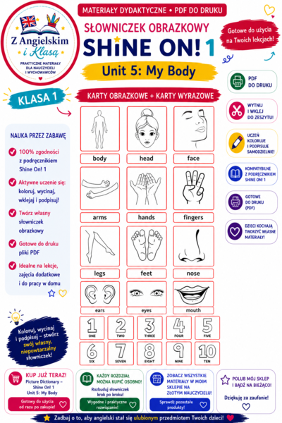 Shine On! 1 – Unit 5: My Body | Karty obrazkowe i karty wyrazowe | PDF do druku