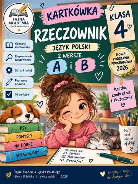 Kartkówka – Rzeczownik | Klasa 4 | 2 wersje A i B | Język polski | PDF