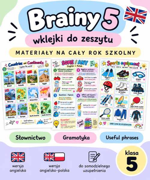 Brainy 5 – wklejki do zeszytu | Słownictwo + gramatyka + Useful Phrases | cały rok