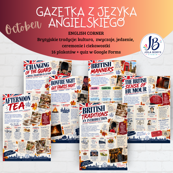 Gazetka z języka angielskiego – Brytyjskie tradycje: British Traditions | 16 plakatów + quiz w Google Forms