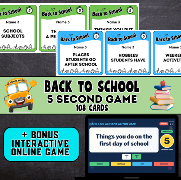 Back to School – 5 Second Game | Dynamiczna Gra Językowa + INTERAKTYWNY BONUS ONLINE (108 Kart + Wersja Cyfrowa)