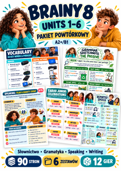 Brainy 8 Units 1–6 – pakiet powtórkowy A2+/B1 | 90 stron, karty pracy i 12 gier