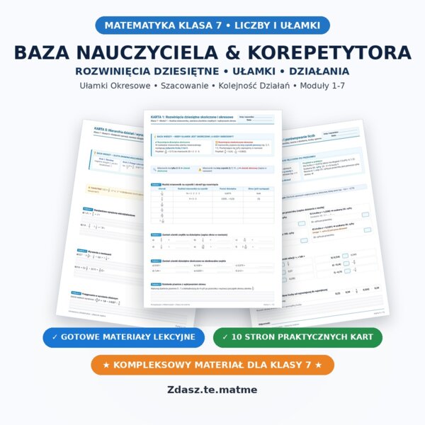 Liczby Wymierne Klasa 7 – Kompletny Pakiet Edukacyjny (8 Kart Pracy + Kartkówka A/B + Pełny Klucz)