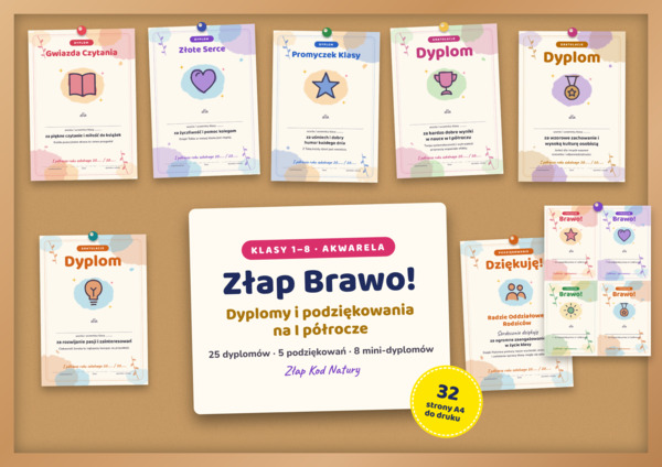 Dyplomy i podziękowania na I półrocze do druku | 25 dyplomów, 5 podziękowań, mini-dyplomy, akwarela
