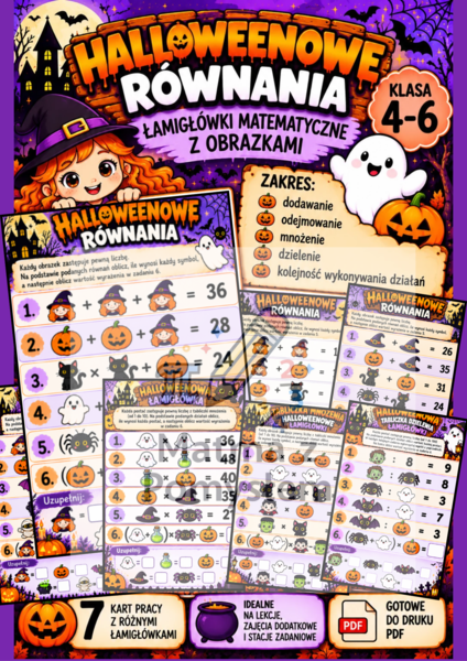 Halloweenowe łamigłówki matematyczne z obrazkami – dodawanie, odejmowanie, mnożenie, dzielenie i kolejność działań | Klasy 3–6