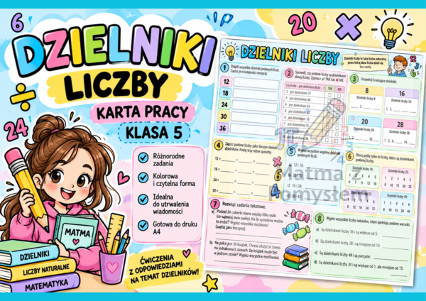 Dzielniki liczby – kolorowa karta pracy + odpowiedzi | Matematyka klasa 5 | PDF