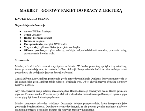 Makbet- gotowy materiał do pracy z lekturą