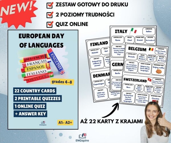 Europejski Dzień Języków – 22 Country Cards + 2 Quizy + Quiz Online | klasy 4–8