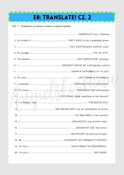 E8: TRANSLATE! - część 2 - tłumaczenie luk - karta pracy - egzamin ósmoklasisty - wklejka - do wydrukowania - .pdf