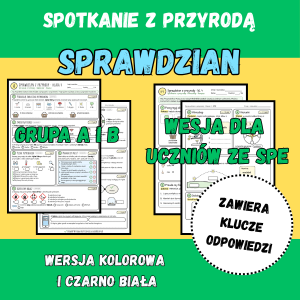 Sprawdzian z przyrody kl. 4 – Spotkanie z przyrodą (Nowa Podstawa Programowa) | Grupa A, B, SPE + Klucz | Sketchnote