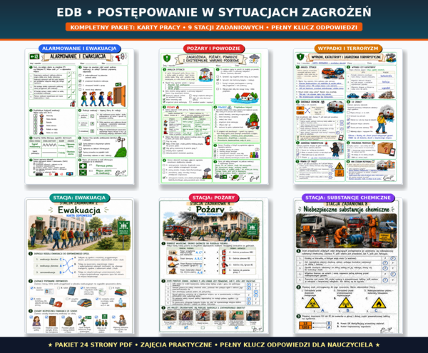 EDB Dział: Bezpieczeństwo i Zagrożenia | KARTY PRACY + STACJE ZADANIOWE + ODPOWIEDZI- Kl. 8