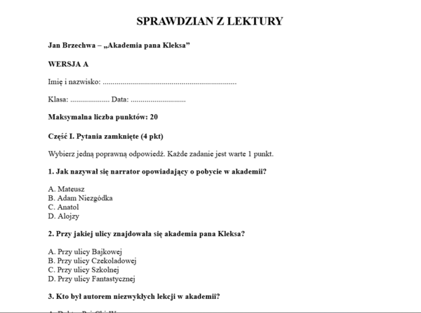 Sprawdzian- Akademia pana Kleksa