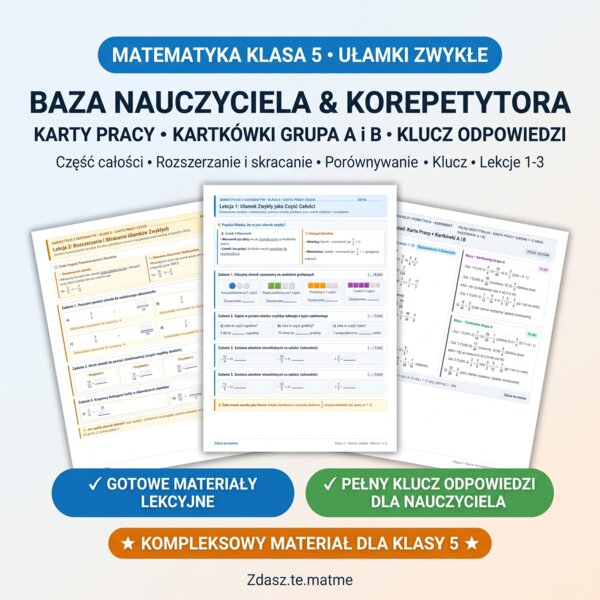 Ułamki Zwykłe Klasa 5 – Kompletny Pakiet: Karty Pracy (3 lekcje) + Kartkówka (Grupa A i B) z Kluczem Odpowiedzi