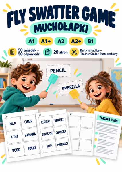 GRA Fly Swatter Game – Muchołapki | Gra na angielski A1–B1 | 50 zagadek i karty do druku