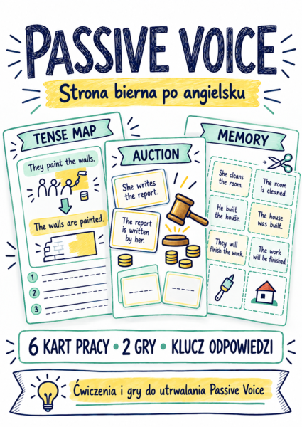 Passive Voice – strona bierna | 6 sketchnotes, 6 kart pracy, aukcja gramatyczna, memory i klucz odpowiedzi