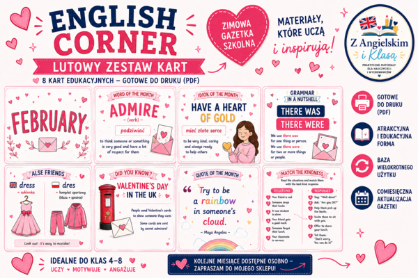 English Corner – LUTY | Zestaw wymiennych kart do gazetki szkolnej | Dekoracja pracowni języka angielskiego PDF