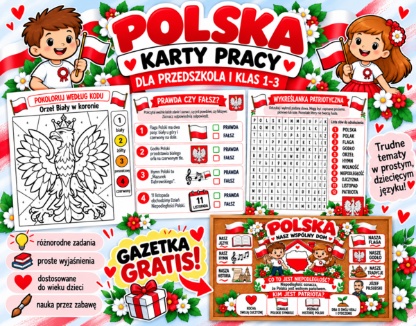 11 listopada – Święto Niepodległości | Gazetka patriotyczna + karty pracy PDF | Przedszkole i klasy 1–3