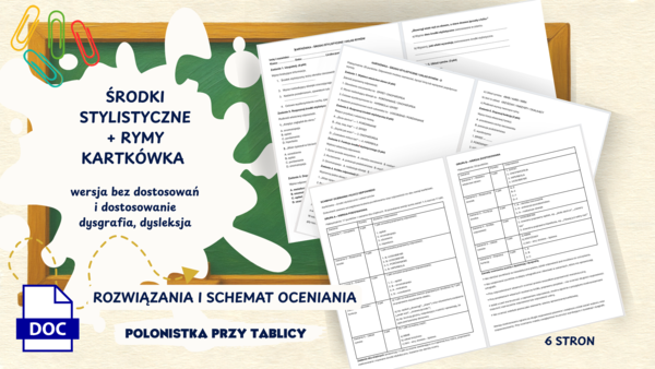 KARTÓWKA Środki tylistyczne rym, wersja bez dostosowań i z dostosowaniem, do edycji, propozycja rozwiazań i schemat odpowiedzi.