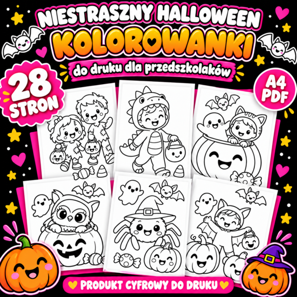 Niestraszne Halloween – 28 kolorowanek do druku dla przedszkolaków |PDF A4