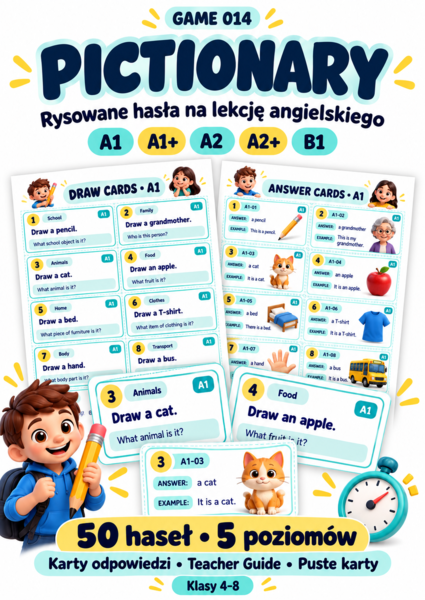 GRA Pictionary – rysowane kalambury po angielsku | 50 haseł | A1–B1 | Klasy 4–8