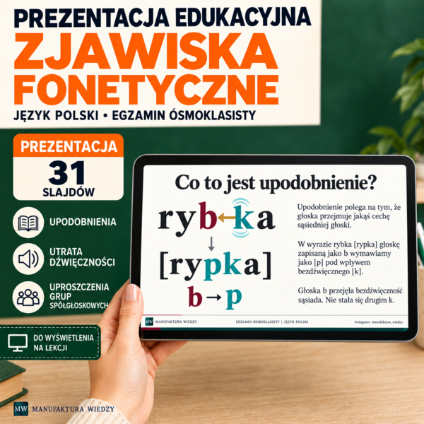Fonetyka – zjawiska fonetyczne, upodobnienia, udźwięcznienia i ubezdźwięcznienia – prezentacja 31 slajdów