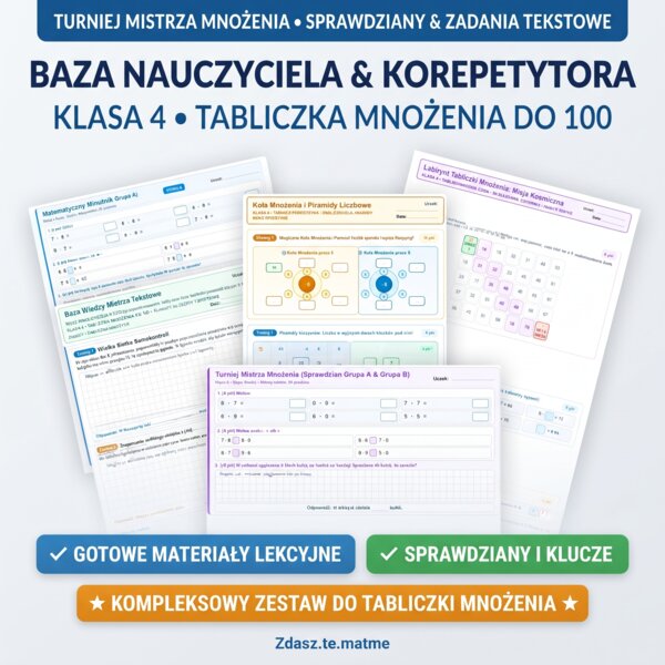 Mistrz Tabliczki Mnożenia Klasa 4 – Kompletny Pakiet Treningowy: Baza Wiedzy + Minutnik + Labirynty + 100 Iloczynów + Kartkówka i Sprawdzian (A/B) + Klucz