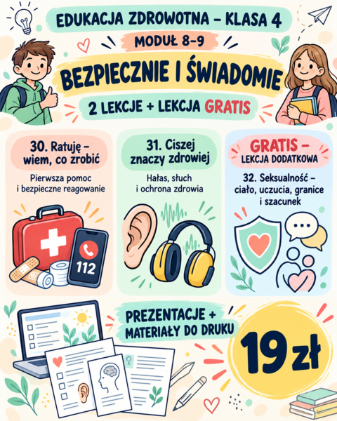 🌿 EDUKACJA ZDROWOTNA – KLASA 4 MODUŁ 8–9: BEZPIECZNIE I ŚWIADOMIE
