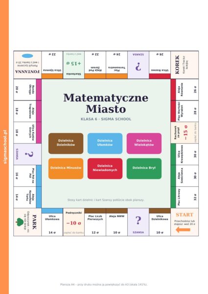 Matematyczne Miasto — klasa 6 | Gra planszowa do druku, 72 karty