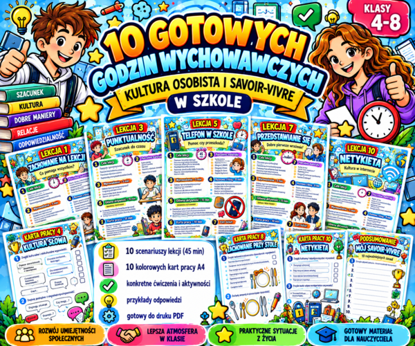 10 GOTOWYCH GODZIN WYCHOWAWCZYCH – KULTURA OSOBISTA I SAVOIR-VIVRE | scenariusze 45 min + 10 kolorowych kart pracy A4