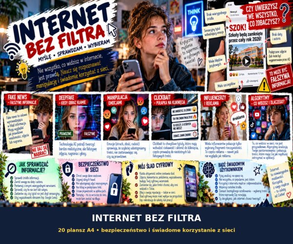 INTERNET BEZ FILTRA - 20 NOWOCZESNYCH PLANSZ A4 | BEZPIECZEŃSTWO I ŚWIADOME KORZYSTANIE Z SIECI