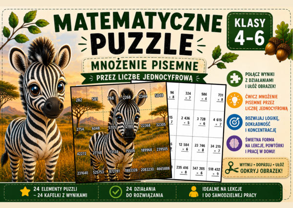 Matematyczne puzzle – Mnożenie pisemne przez liczby jednocyfrowe | Klasy 4–6
