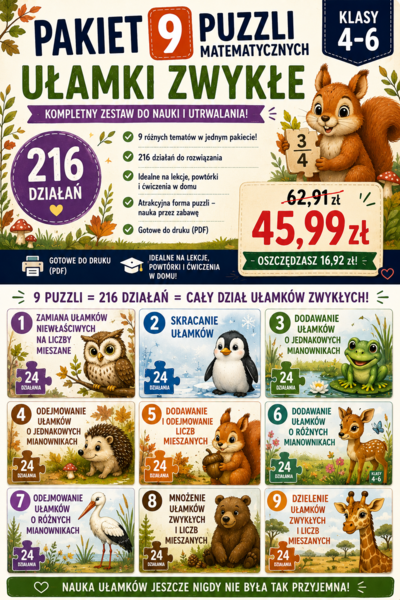 🧩 Pakiet 9 puzzli matematycznych – ułamki zwykłe, liczby mieszane, skracanie, dodawanie, odejmowanie, mnożenie i dzielenie | klasy 4–6