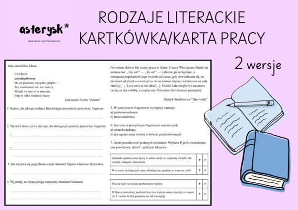 Rodzaje literackie - kartkówka/karta pracy klasy 7-8