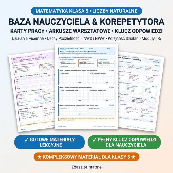 Liczby Naturalne i Dzielniki – Klasa 5: Komplet Kart Pracy (Moduły 1–5) + Pełny Klucz Odpowiedzi
