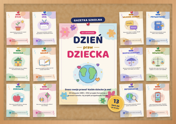 Dzień Praw Dziecka – gazetka szkolna do druku | 13 kart A4 w stylu akwareli
