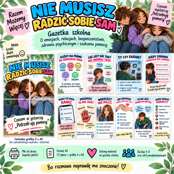 Nie musisz radzić sobie sam- gazetka szkolna o zdrowiu psychicznym, relacjach , przeciwdziałaniu przemocy i szukaniu pomocy