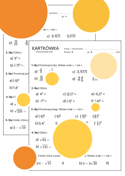 Kartkówka - porównywanie liczb. Klasa 8. Ułamki, potęgi, pierwiastki
