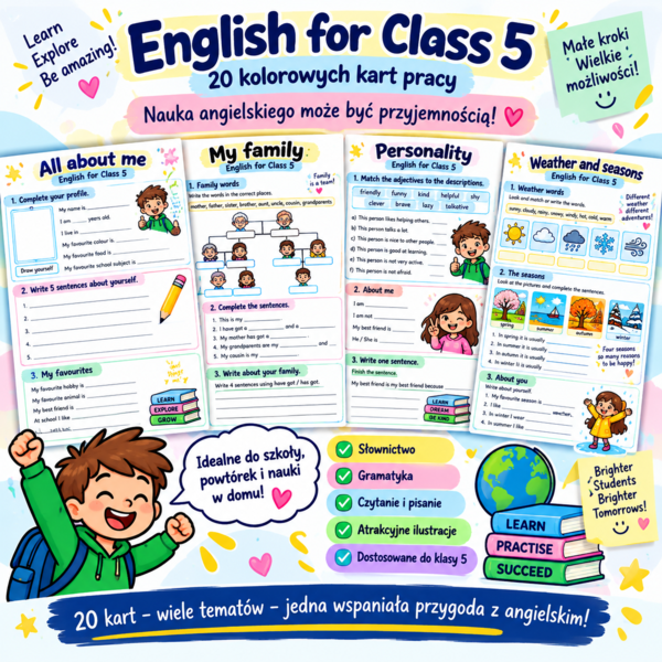 „English for Class 5 – 20 kart pracy z języka angielskiego - Klasa 5”