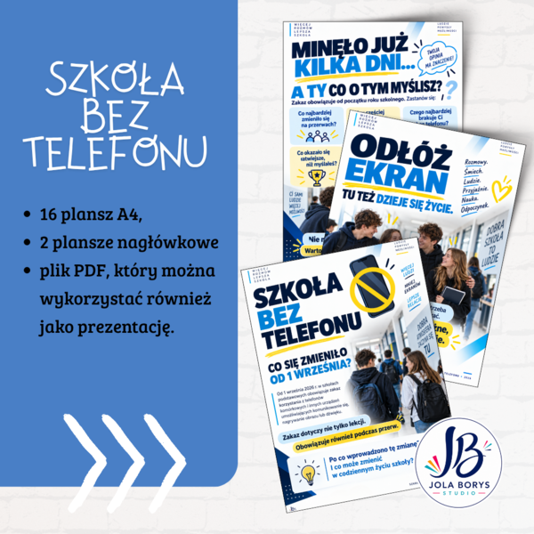 Zakaz telefonów w szkole – gazetka szkolna + prezentacja PDF dla klas 4–8